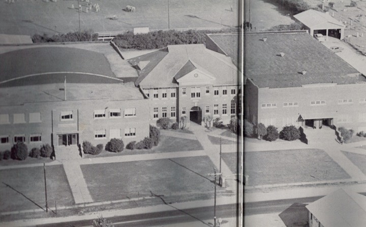 Old picture of aerial view of high school in 1960s